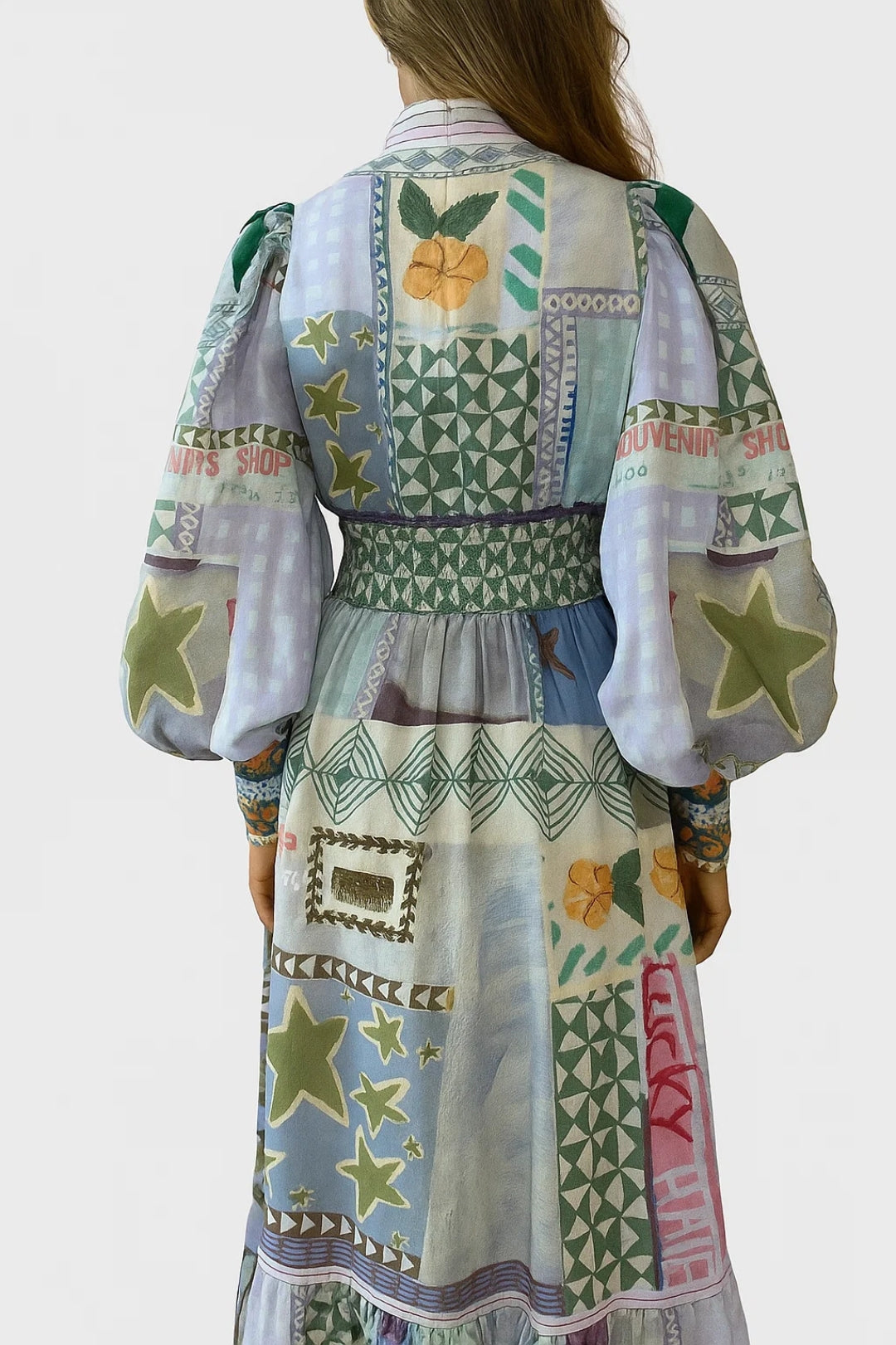 Abito Midi in Lino | Fantasia Patchwork | Maniche a Palloncino