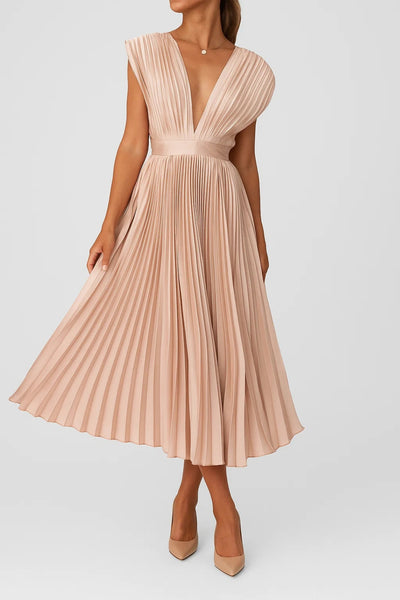 Abito Plissé Midi | Eleganza Senza Tempo | Scollo a V e Vita Sottolineata