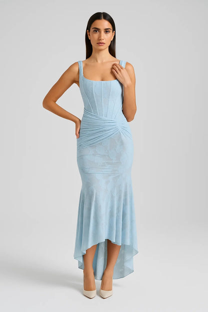 Abito asimmetrico in jacquard floreale | Drappeggio laterale | Eleganza raffinata