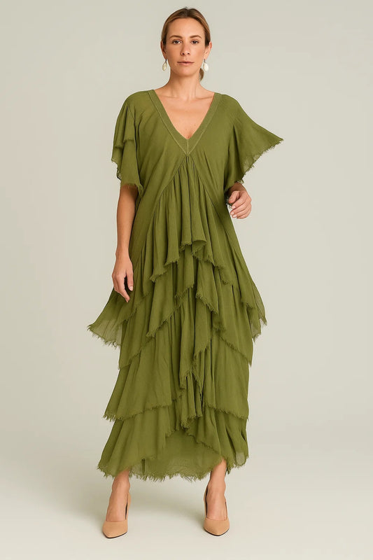 Abito boho a balze in cotone | Design fluido con scollo a V