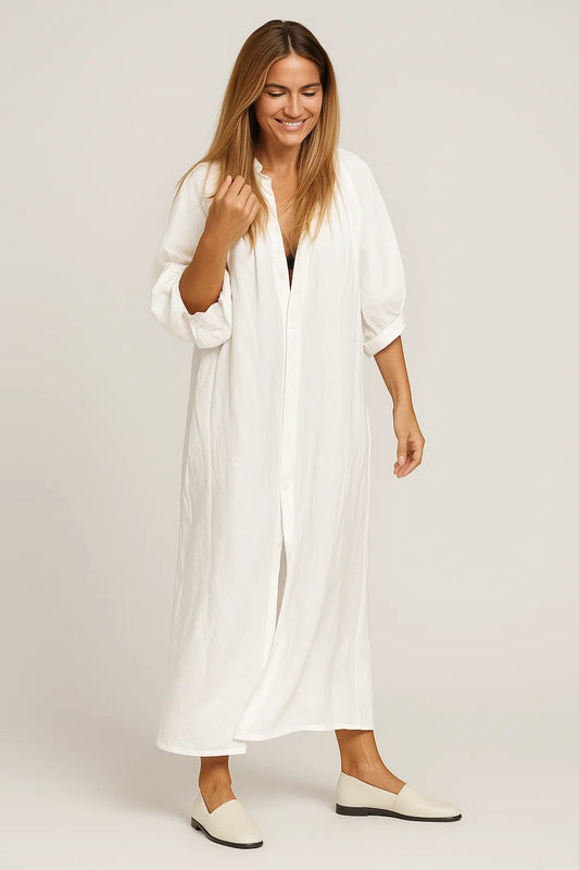 Abito camicia lungo in lino bianco | Maniche 3/4