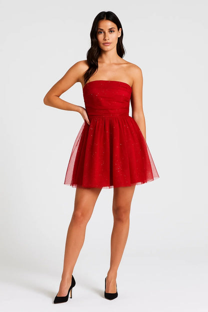 Abito corto in tulle con glitter | Senza spalline | Gonna a ruota con fiocco