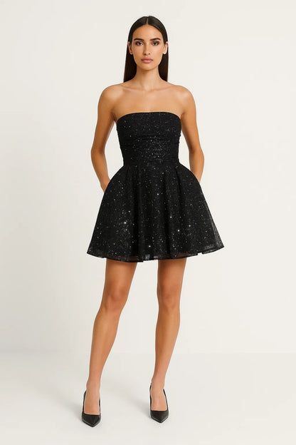 Abito corto in tulle con glitter | Senza spalline | Gonna a ruota con fiocco