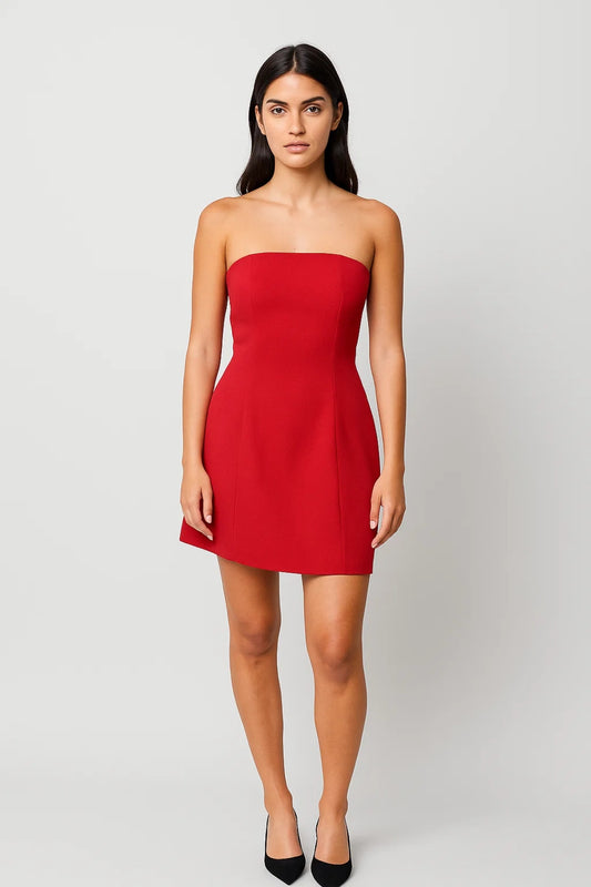 Abito corto rosso senza spalline | Dettaglio fiocco posteriore | Taglio elegante e strutturato