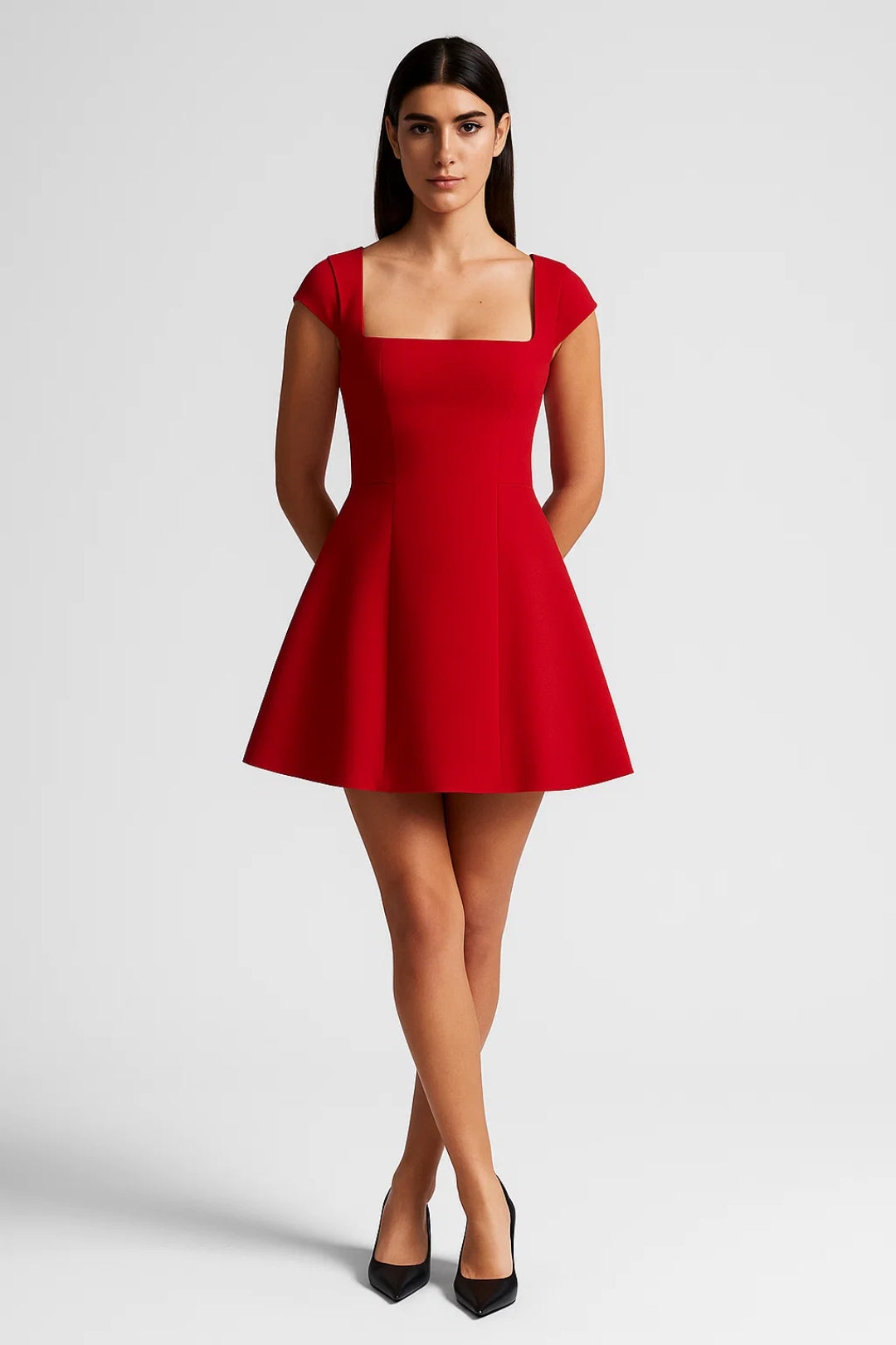 Abito corto svasato | Scollo quadrato elegante | Maniche ad aletta