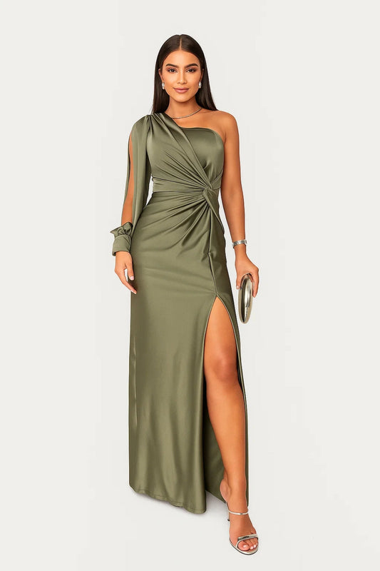 Abito da Sera Asimmetrico | Satin Elegante | Spacco Frontale