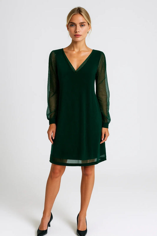 Abito elegante con maniche trasparenti e scollo a V