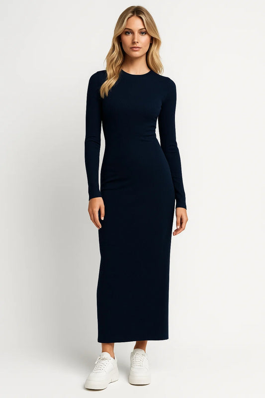 Abito lungo aderente con maniche lunghe e girocollo