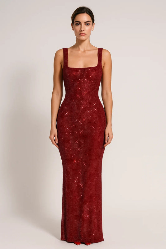 Abito lungo aderente con paillettes | Scollo quadrato | Elegante e scintillante