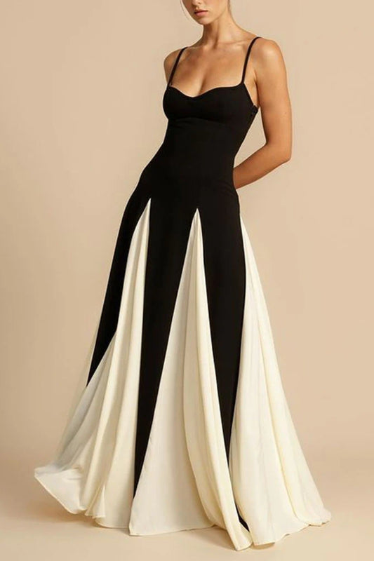 Abito lungo bicolore elegante | Spalline sottili | Gonna fluida