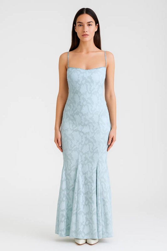 Abito lungo celeste con motivo jacquard floreale | Schiena scoperta con laccetti regolabili