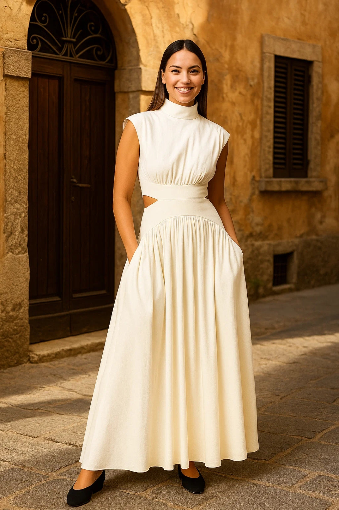 Abito lungo con collo alto e cut-out laterali | Senza maniche
