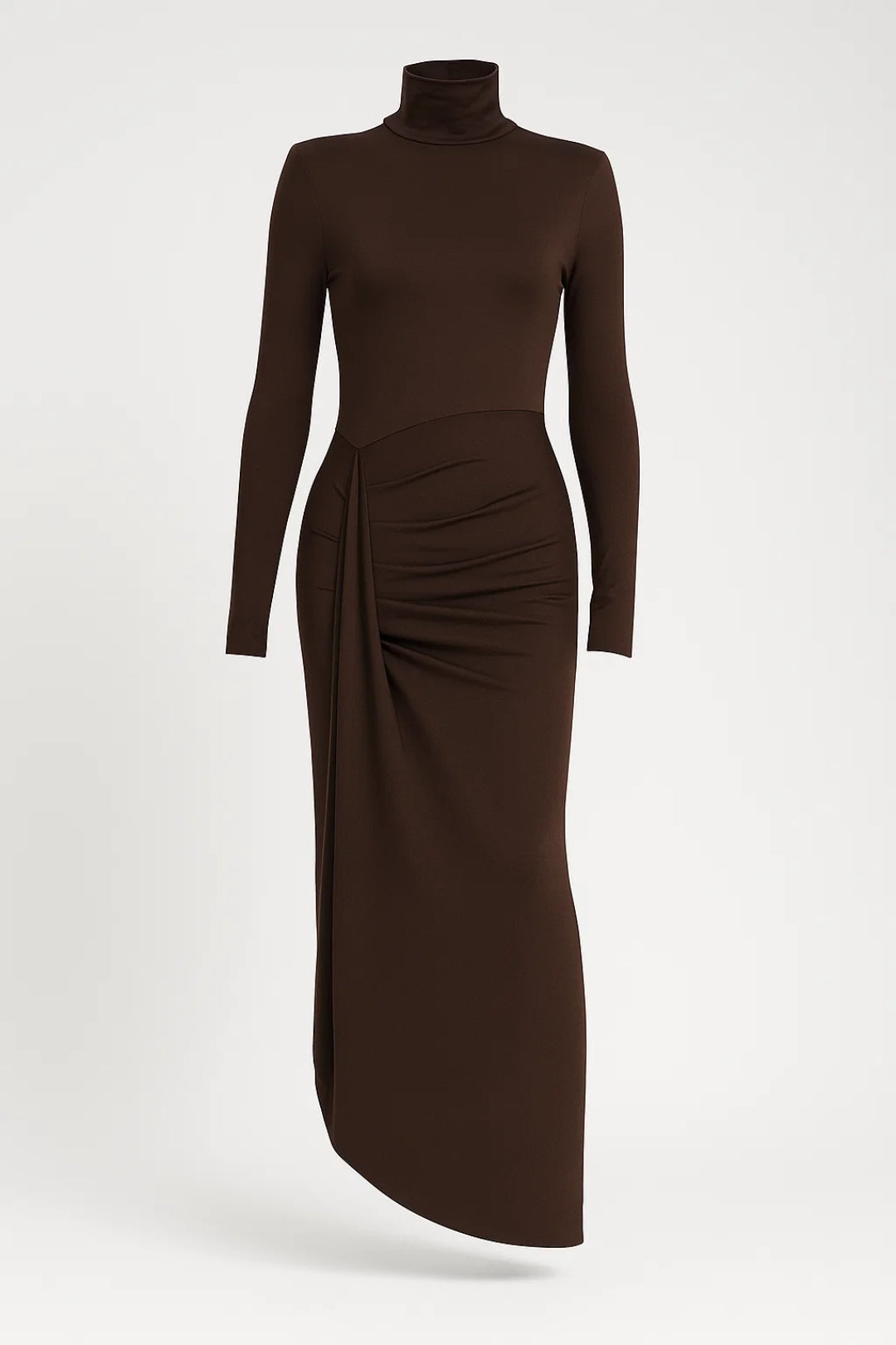Abito lungo con collo alto e drappeggio laterale