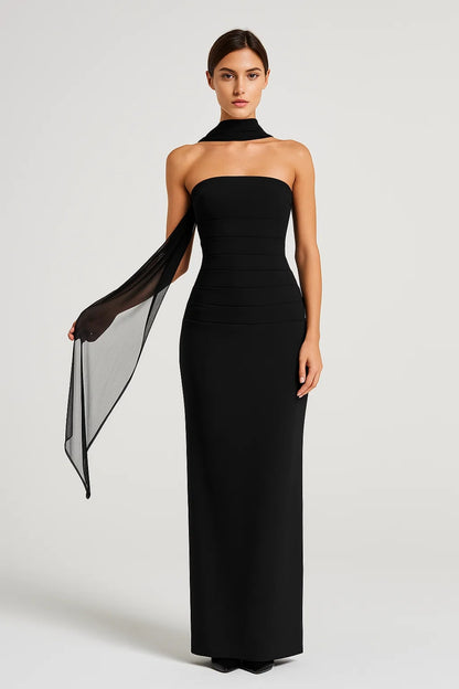 Abito lungo con sciarpa in chiffon | Senza spalline | Vestibilità aderente