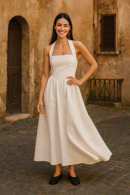 Abito lungo con scollo all’americana | Cotone leggero | Vestibilità svasata