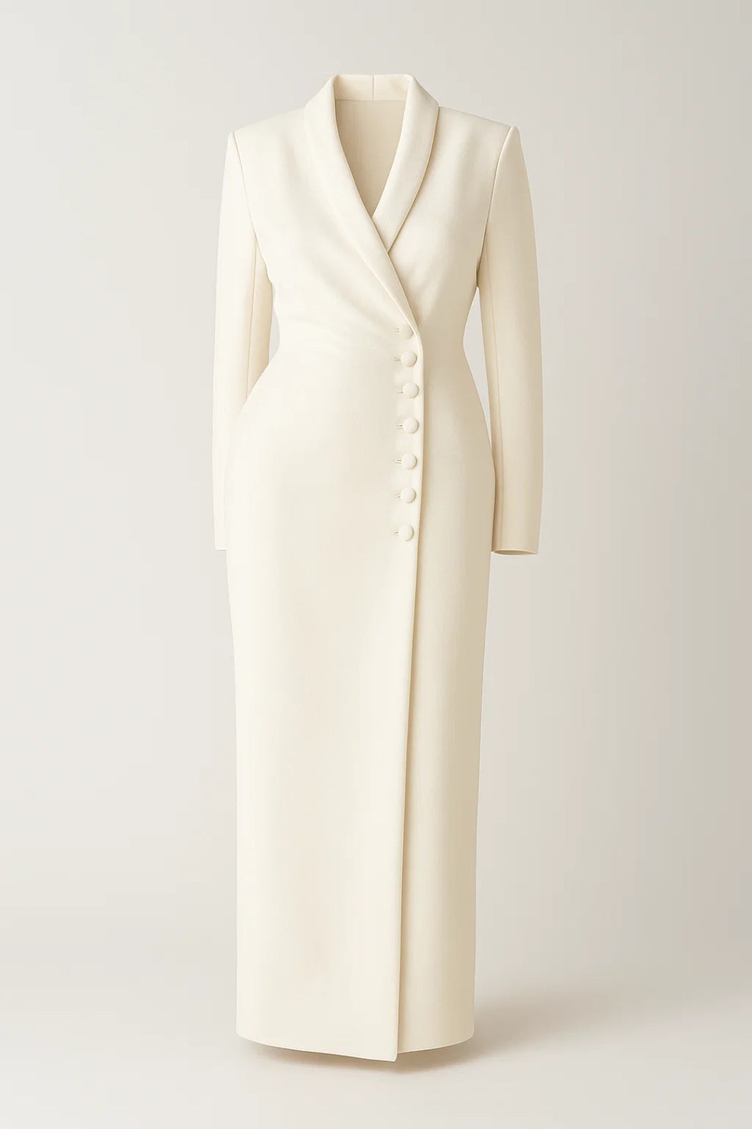 Abito lungo elegante con bottoni laterali e scollo a revers