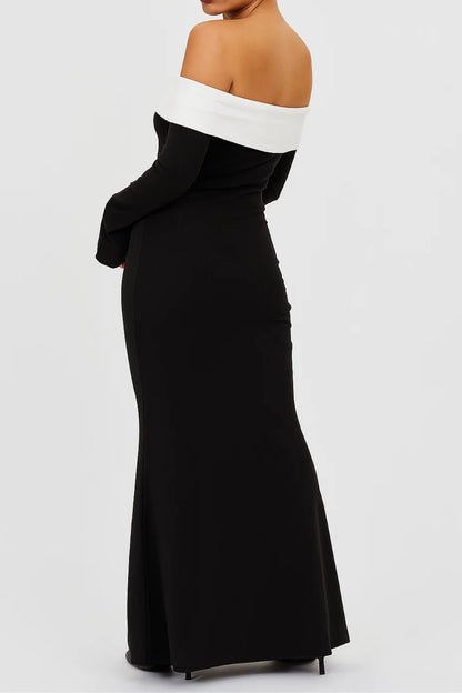 Abito lungo elegante con scollo a barca | Bicolore nero e bianco | Vestibilità aderente