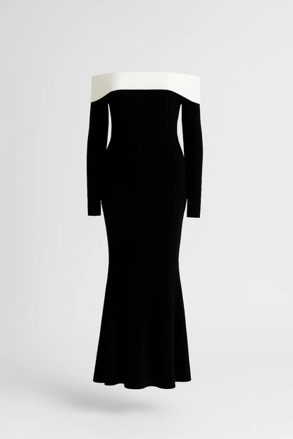 Abito lungo elegante con scollo a barca | Bicolore nero e bianco | Vestibilità aderente