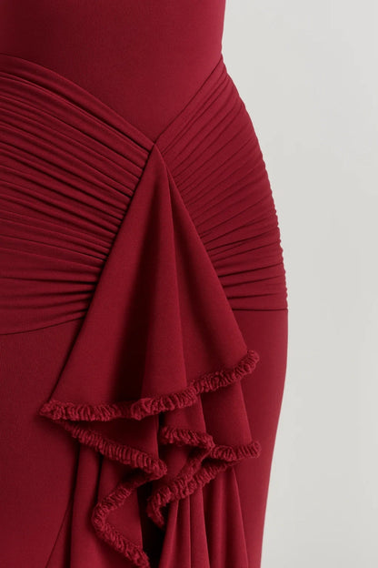 Abito lungo in jersey con volant frontale | Vestibilità aderente | Colore bordeaux