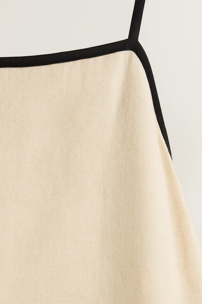 Abito lungo in lino beige | Spalline sottili nere | Vestibilità ampia e leggera