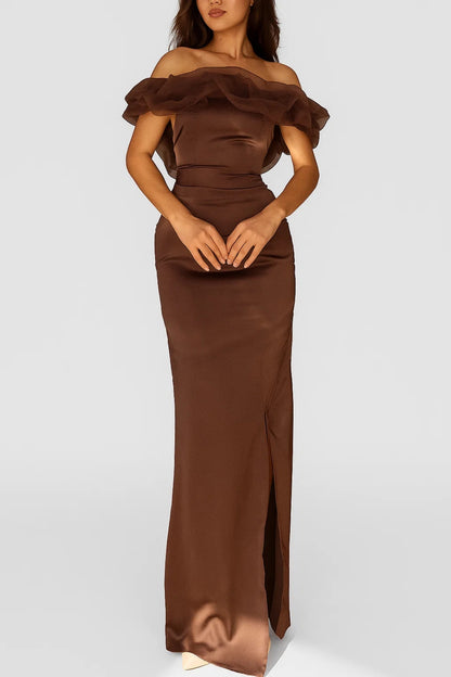Abito lungo in raso con balza sulle spalle | Elegante e femminile