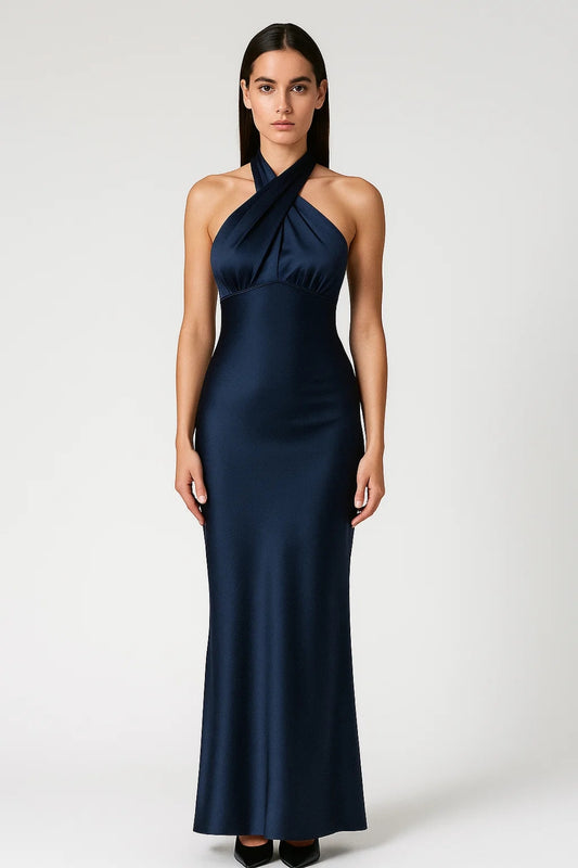 Abito lungo in raso con scollo incrociato | Schiena scoperta | Eleganza raffinata