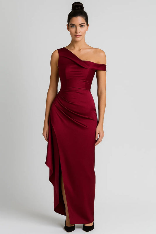 Abito lungo monospalla | Drappeggio elegante | Spacco laterale