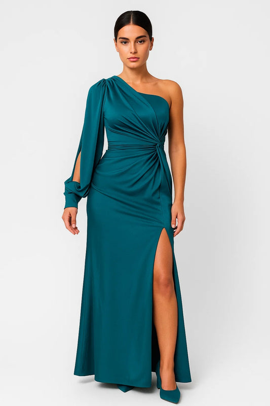 Abito lungo monospalla con nodo frontale | Manica drappeggiata e spacco laterale | Eleganza da sera