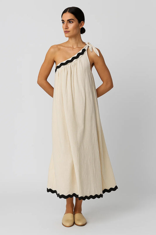 Abito lungo monospalla in cotone | Stile boho con bordo a contrasto