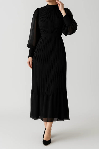 Abito lungo plissettato con maniche a palloncino | Elegante e fluido