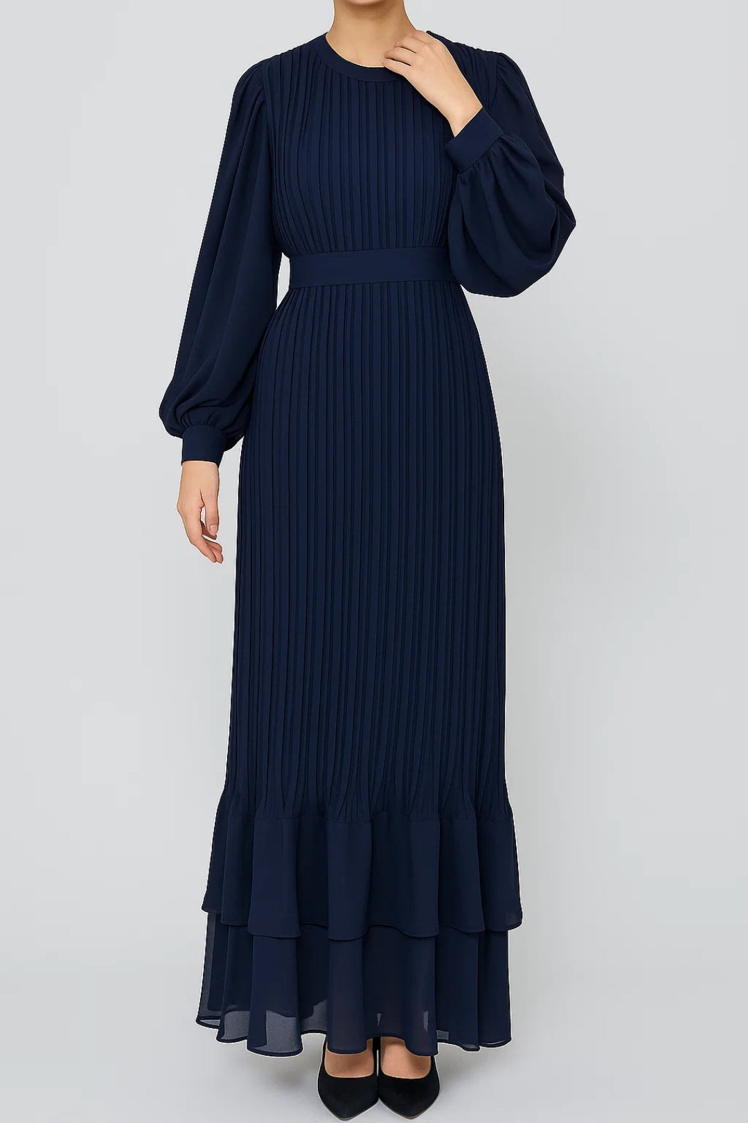 Abito lungo plissettato con maniche a palloncino | Elegante e fluido