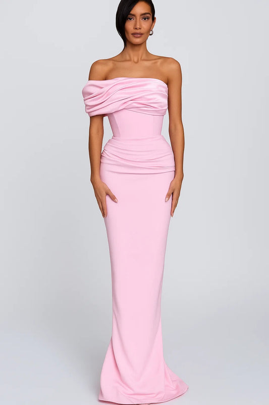 Abito lungo rosa cipria | Spalle scoperte | Drappeggio elegante