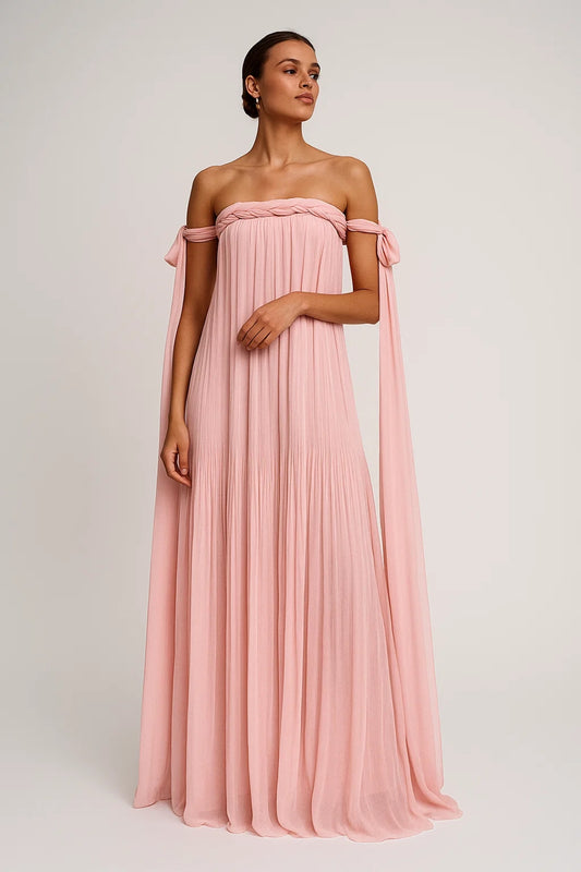 Abito lungo rosa cipria | Spalle scoperte con fiocchi | Stile etereo