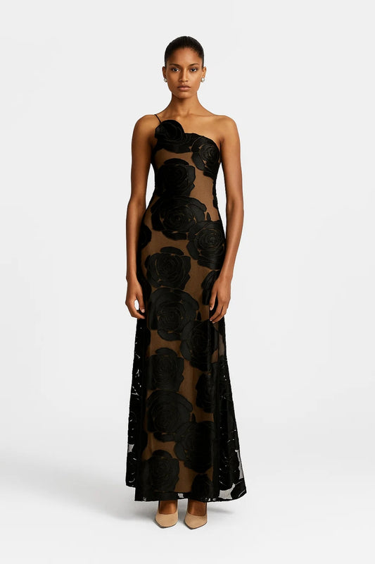 Abito lungo trasparente con motivo floreale in velluto | Design monospalla | Elegante da sera