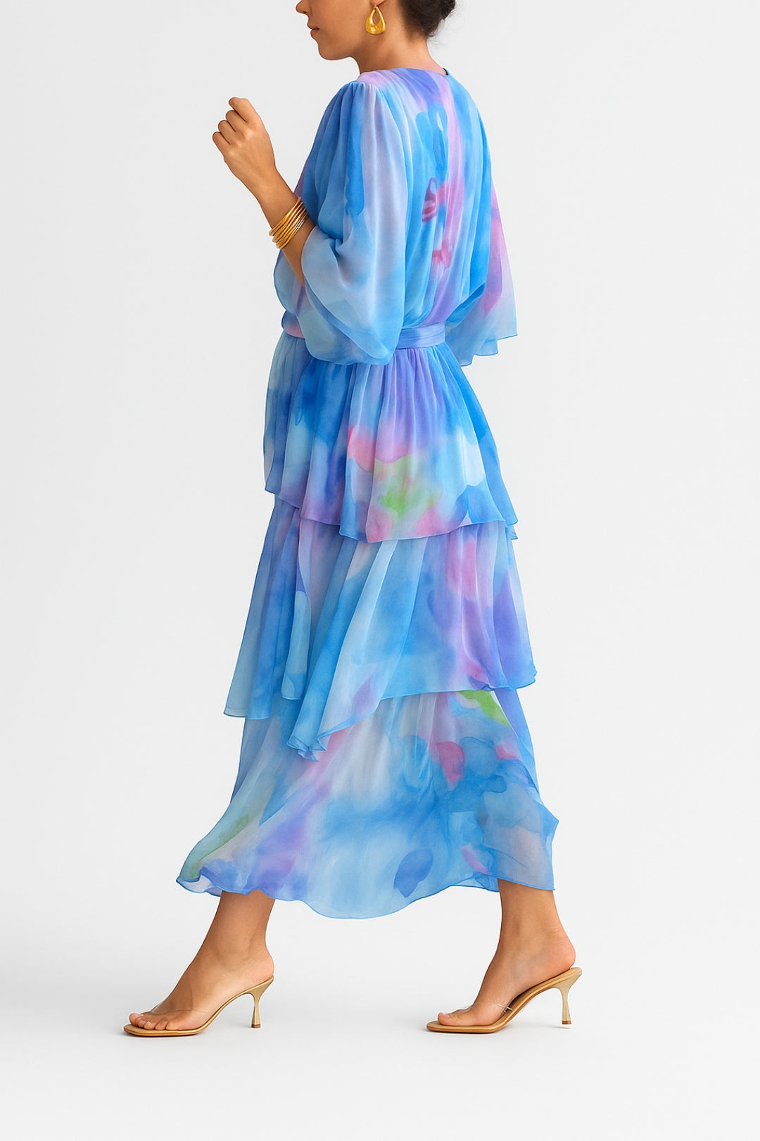 Abito midi a portafoglio con stampa acquerello | Chiffon leggero e romantico