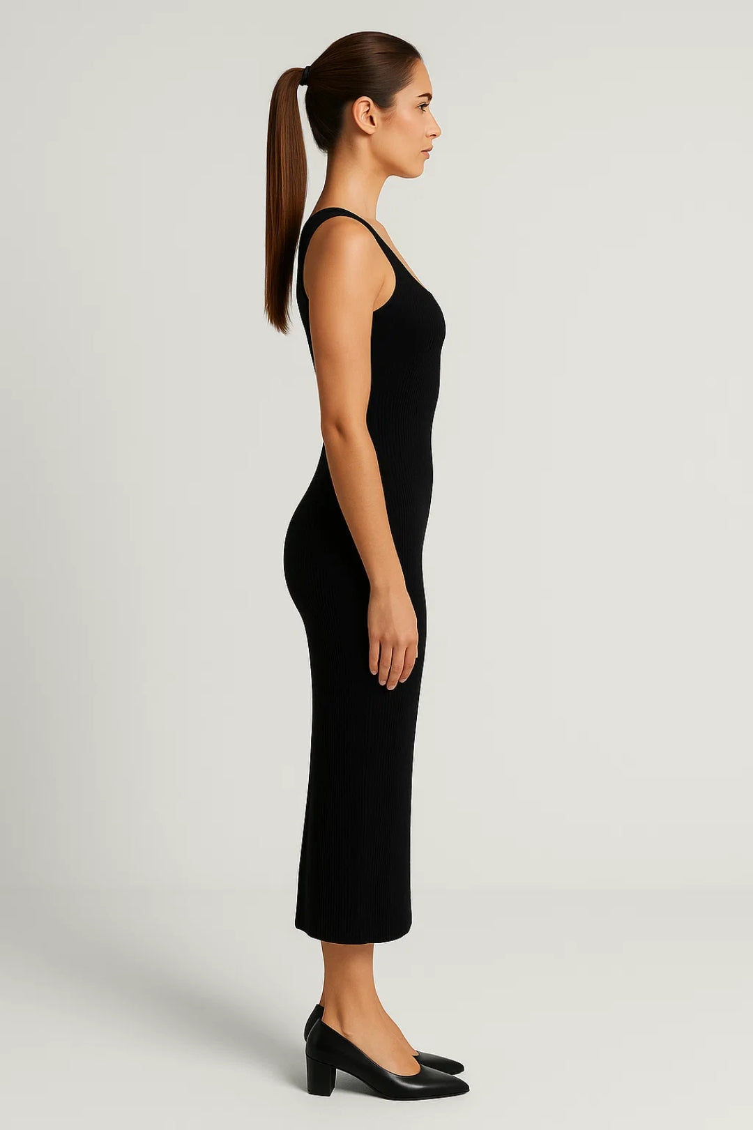 Abito midi aderente | Scollo dritto e spalline larghe | Maglia a costine