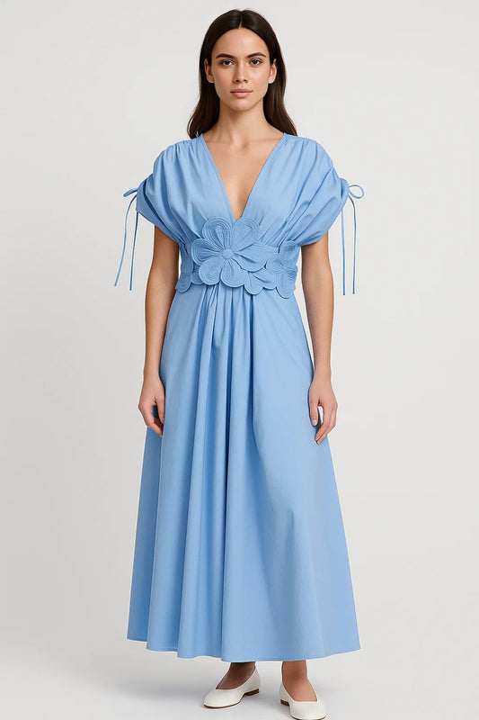 Abito midi azzurro con cintura floreale | Maniche a sbuffo | Tessuto leggero in cotone