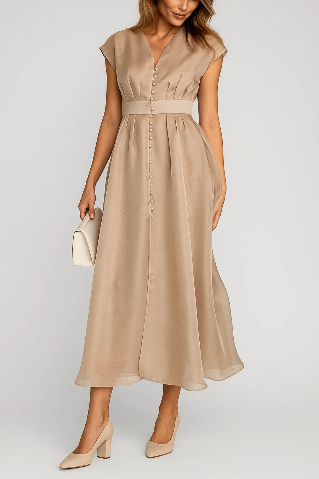 Abito midi beige con bottoni e vita definita
