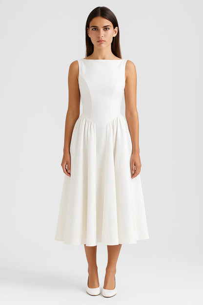 Abito midi bianco con schiena scoperta | Gonna ampia svasata | Eleganza minimal