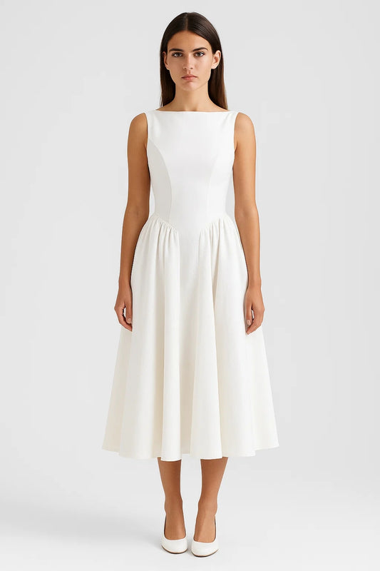 Abito midi bianco con schiena scoperta | Gonna ampia svasata | Eleganza minimal