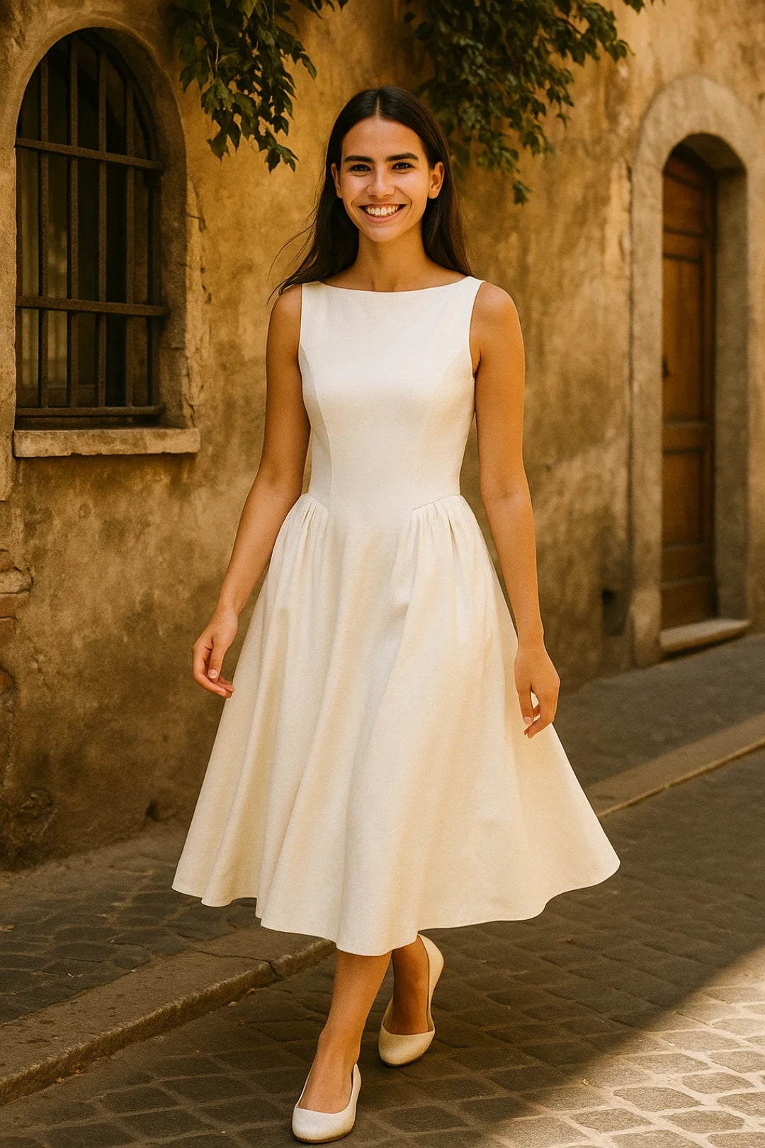 Abito midi bianco con schiena scoperta | Gonna ampia svasata | Eleganza minimal