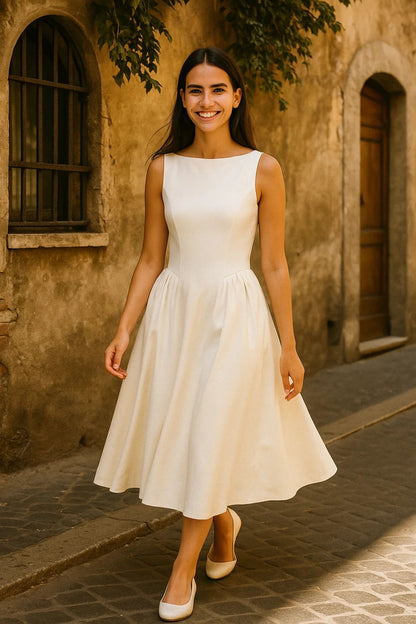 Abito midi bianco con schiena scoperta | Gonna ampia svasata | Eleganza minimal