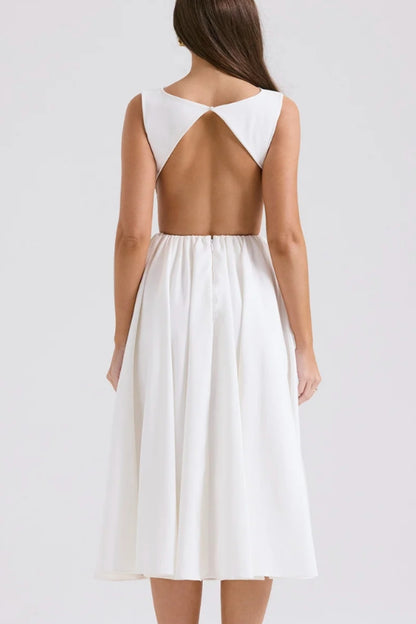 Abito midi bianco con schiena scoperta | Gonna ampia svasata | Eleganza minimal