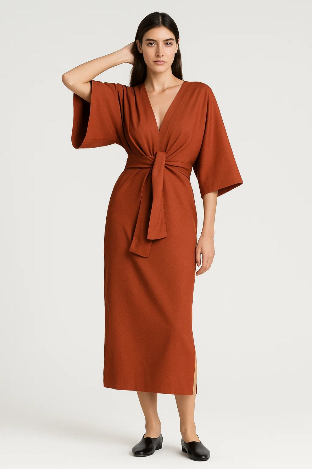 Abito midi con cintura annodata | Maniche ampie | Eleganza senza tempo