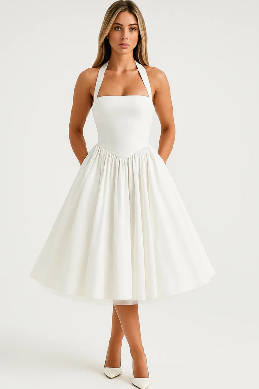 Abito midi con corpetto aderente e scollo all’americana | Stile retrò ispirato agli anni ’50