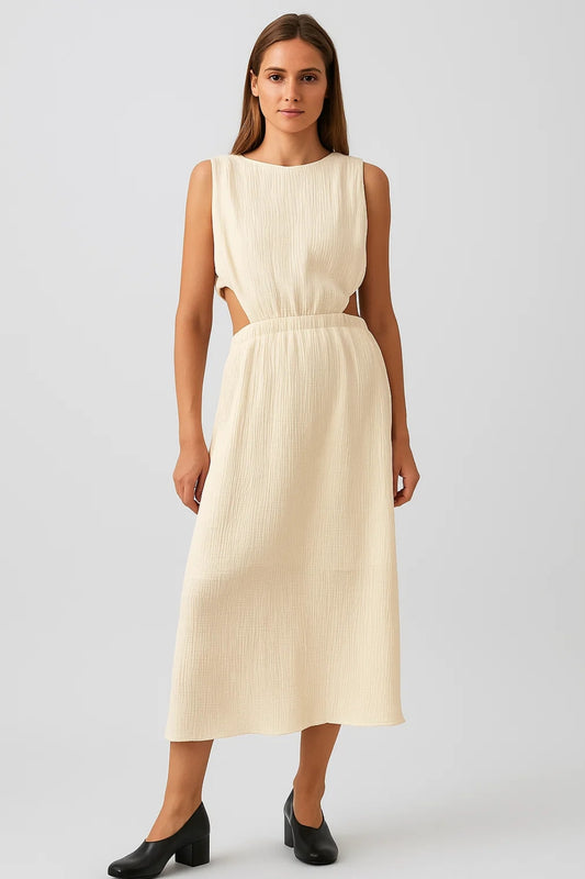 Abito midi con cut-out laterali | 100% cotone stropicciato | Linea svasata