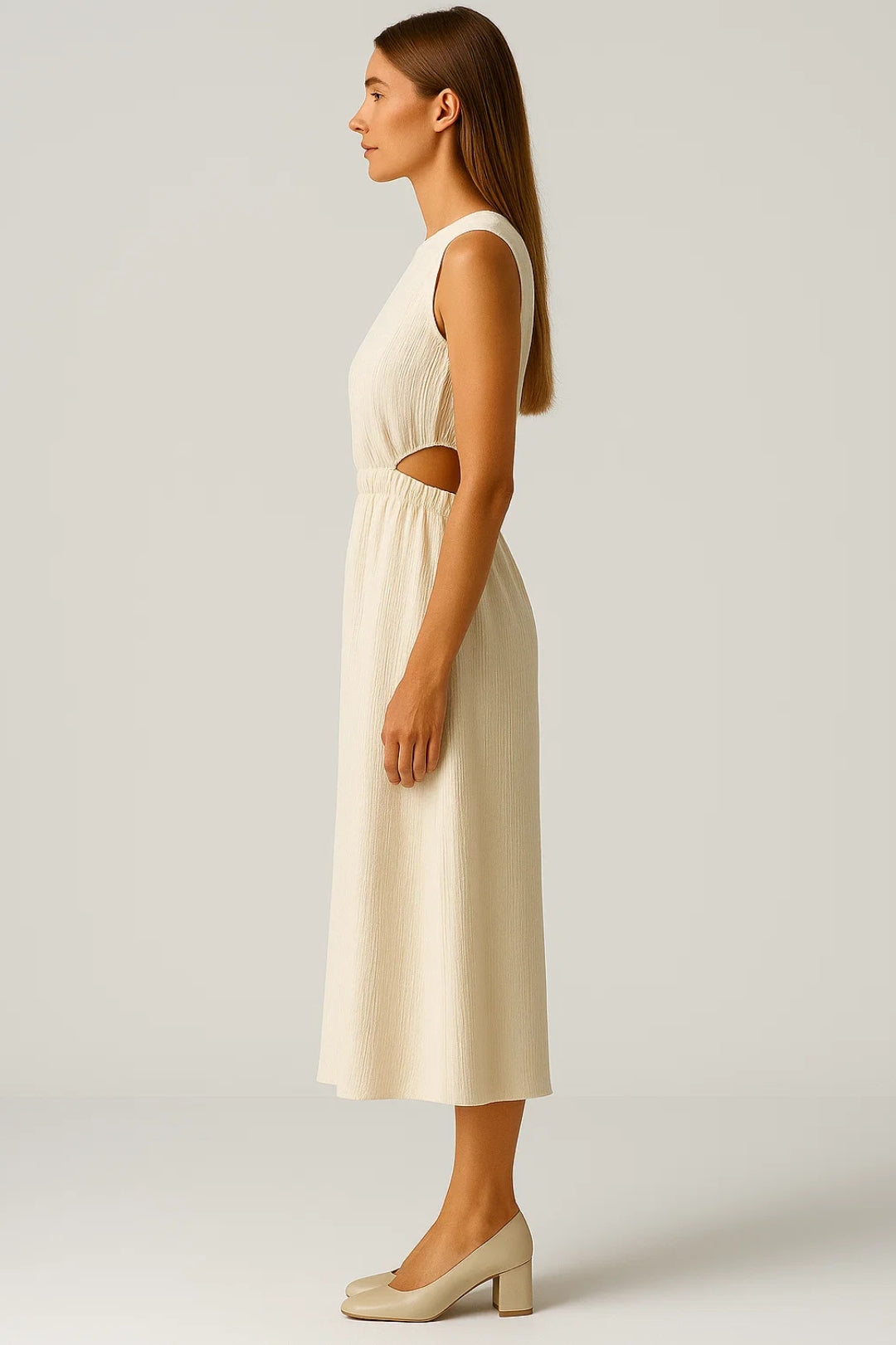 Abito midi con cut-out laterali | 100% cotone stropicciato | Linea svasata