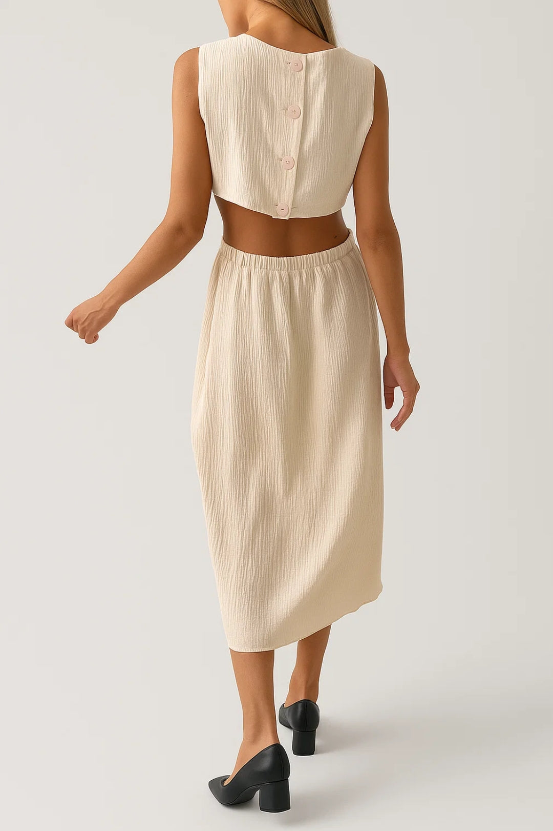 Abito midi con cut-out laterali | 100% cotone stropicciato | Linea svasata