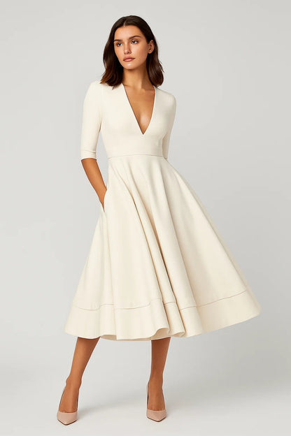 Abito midi con scollo a V e maniche a 3/4 | Gonna ampia svasata | Eleganza senza tempo
