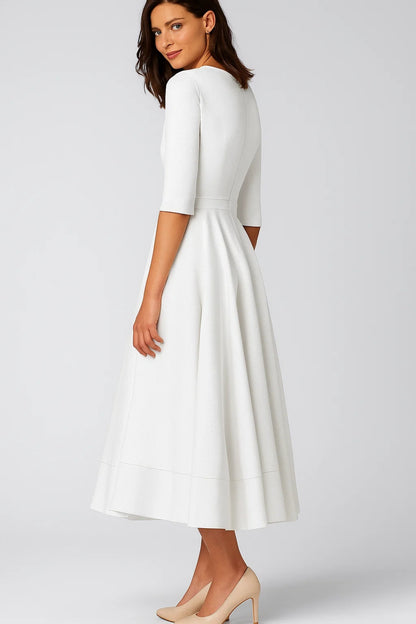 Abito midi con scollo a V e maniche a 3/4 | Gonna ampia svasata | Eleganza senza tempo